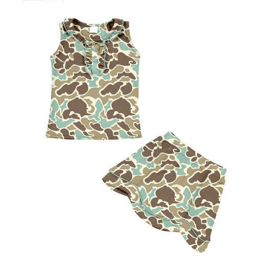 ( Moq 5 ) Preorder Baby Girls Green Camo Buttons Tops Skirt Shorts Hunting Yoga Clothes Set