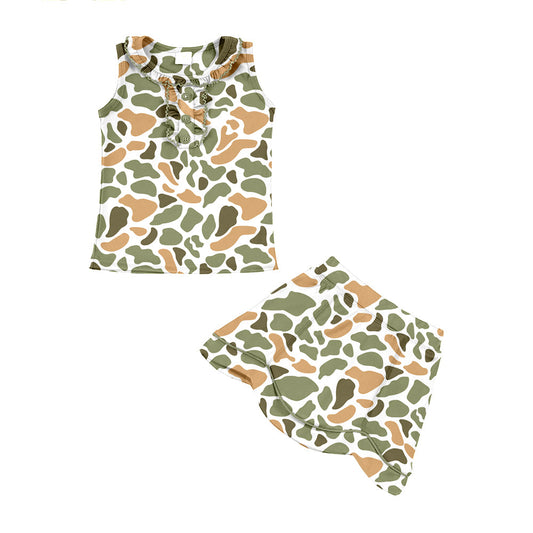 ( Moq 5 ) Preorder Baby Girls Orange Green Camo Buttons Tops Skirt Shorts Hunting Yoga Clothes Set