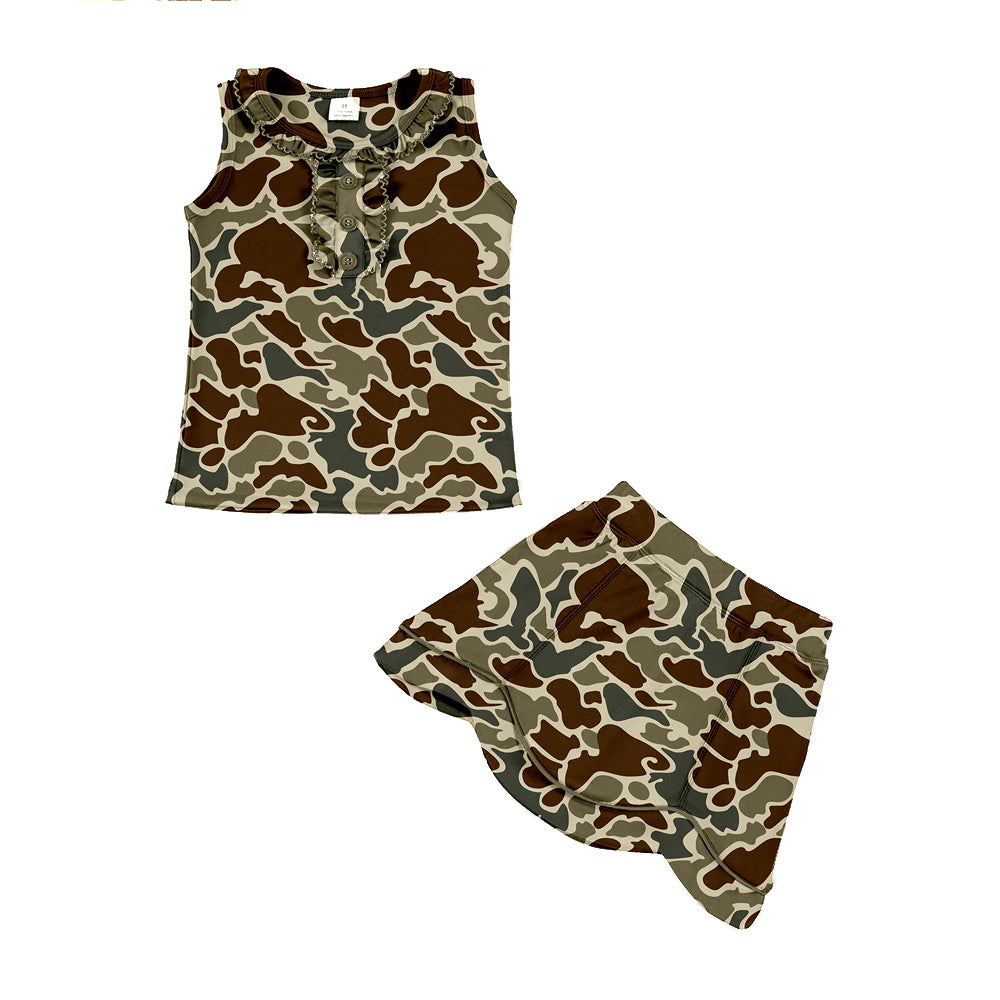 ( Moq 5 ) Preorder Baby Girls Dark Green Camo Buttons Tops Skirt Shorts Hunting Yoga Clothes Set
