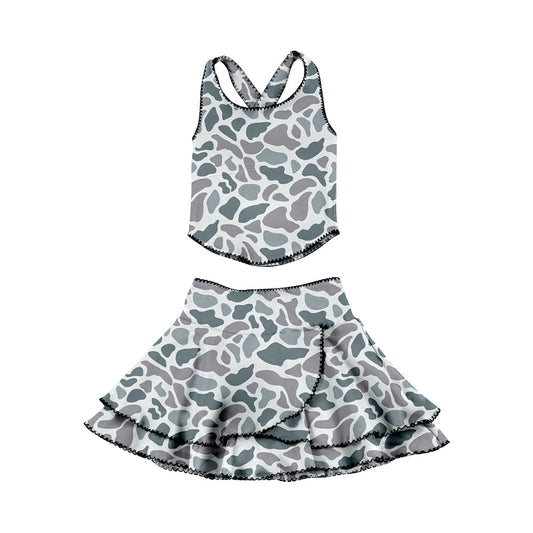 ( Moq 5 ) Preorder Baby Girls Sleeveless Grey Camo Tops Ruffle Skirt Shorts Yoga Clothes Set