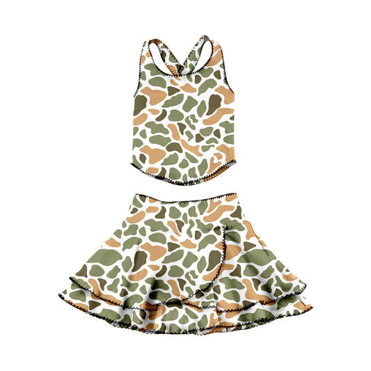 ( Moq 5 ) Preorder Baby Girls Orange Green Camo Tops Ruffle Skirt Shorts Yoga Clothes Set