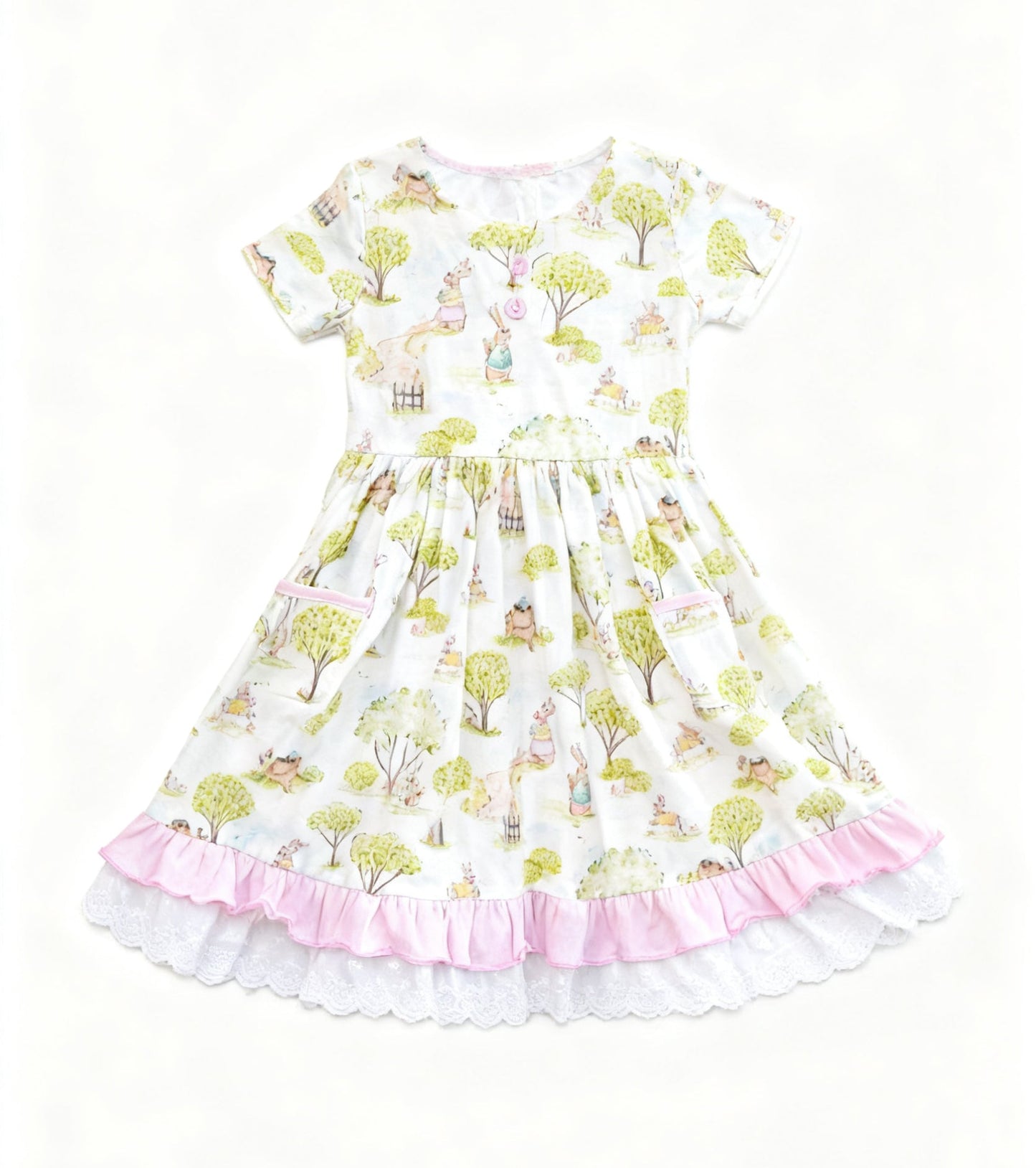 ( Moq 5 ) Preorder Baby Girls Easter Short Sleeves Rabbits Pockets Ruffle Knee Length Dress