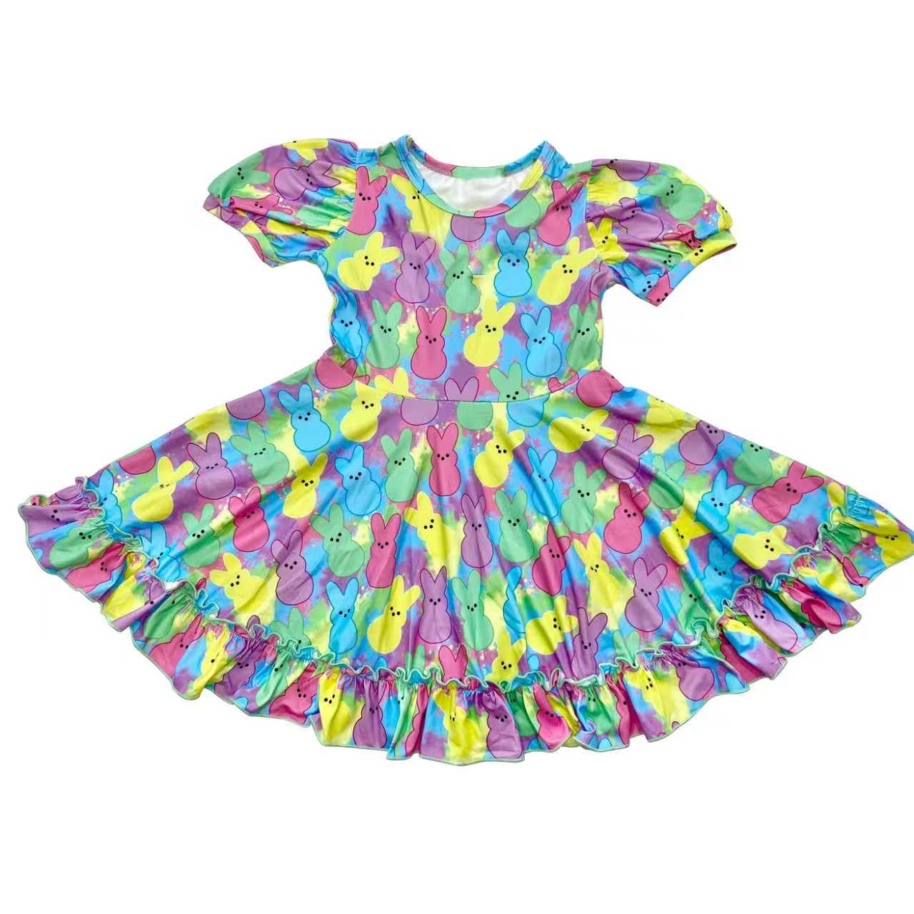 ( Moq 5 ) Preorder Baby Girls Short Sleeves Colorful Rabbits Easter Ruffle Knee Length Dress