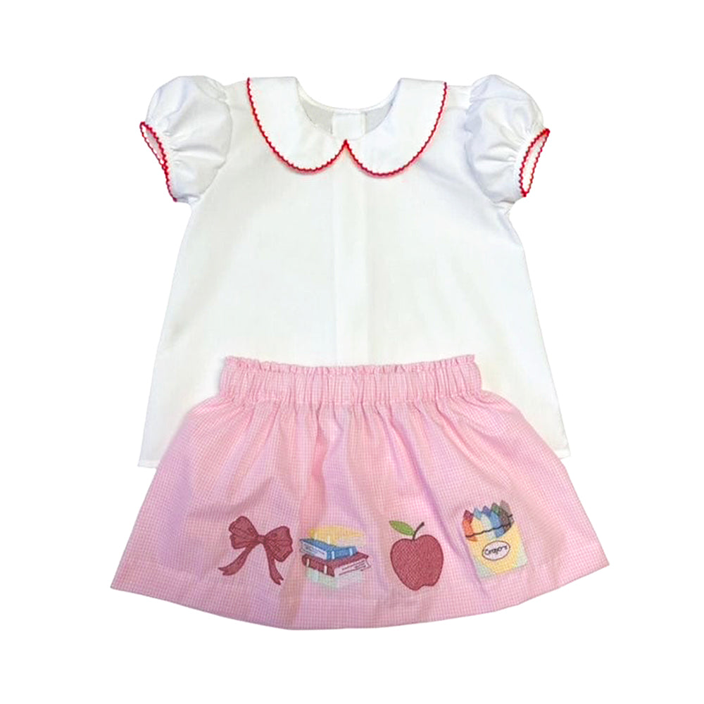 ( Moq 5 ) Preorder Baby Girls Short Sleeves Tunic Bows Pencil Skirt Shorts Back to School Clothes Set