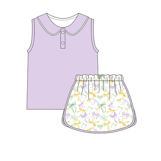 ( Moq 5 ) Preorder Baby Girls Sleeveless Lavender Buttons Tops Skirt Shorts Yoga Mardi Gras Set