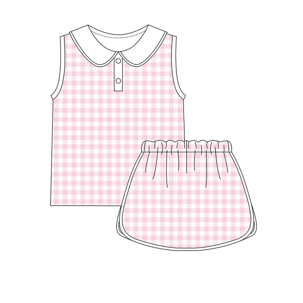 ( Moq 5 ) Preorder Baby Girls Sleeveless Pink Plaid Buttons Tops Skirt Shorts Yoga Clothes Set