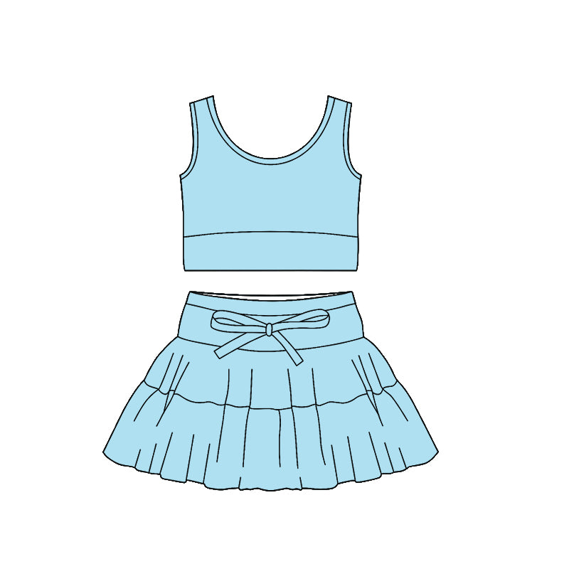 ( Moq 5 ) Preorder Baby Girls Blue Sleeveless Tops Ruffle Skirt Shorts Yoga Clothes Set