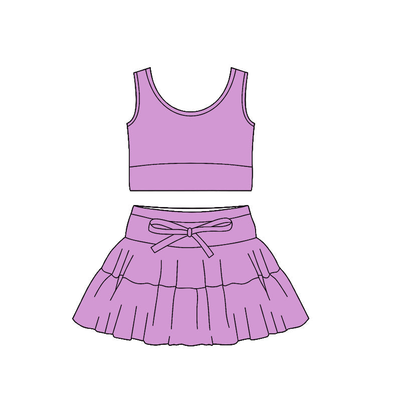 ( Moq 5 ) Preorder Baby Girls Purple Sleeveless Tops Ruffle Skirt Shorts Yoga Clothes Set