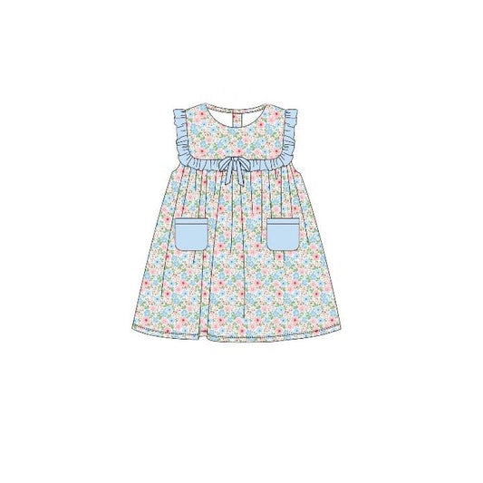 ( Moq 5 ) Preorder Baby Girls Sleeveless Floral Blue Pockets Knee Length Dress