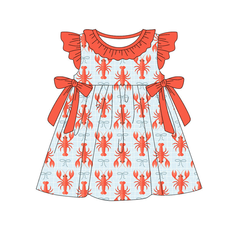 ( Moq 5 ) Preorder Baby Girls Short Sleeves Crayfish Bows Ruffle Knee Length Dress