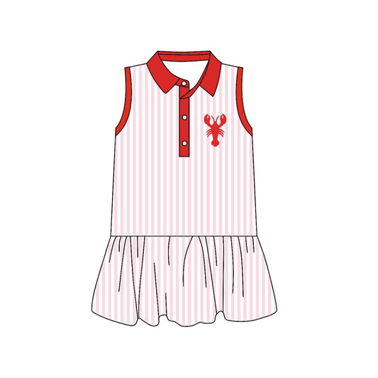 ( Moq 5 ) Preorder Baby Girls Short Sleeves Crawfish Stripes Buttons Knee Length Dress
