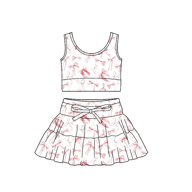 ( Moq 5 ) Preorder Baby Girls Sleeveless Bows Tops Ruffle Skirt Shorts Yoga Clothes Set