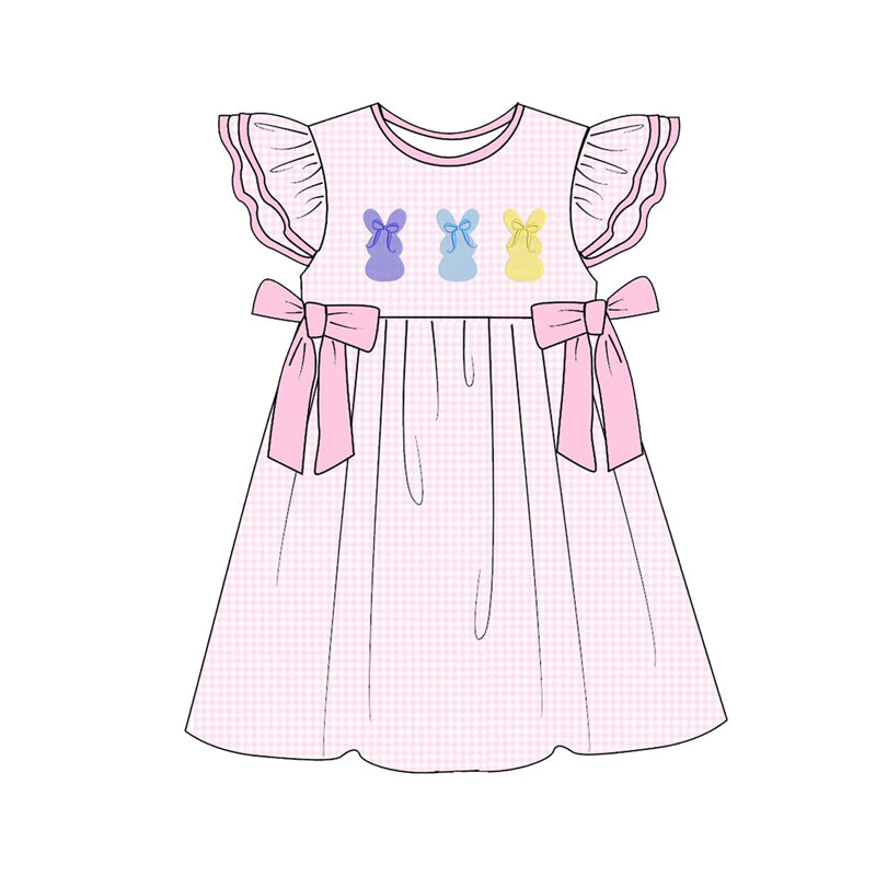 ( Moq 5 ) Preorder Baby Girls Kids Rabbits Bows Easter Pink Plaid Knee Length Dress