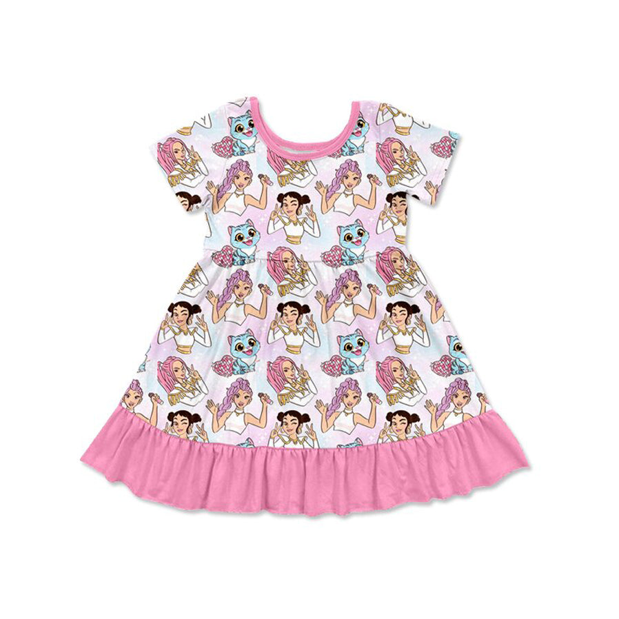 ( Moq 5 ) Preorder Baby Girls Short Sleeves Singer Hearts Ruffle Knee Length Dress