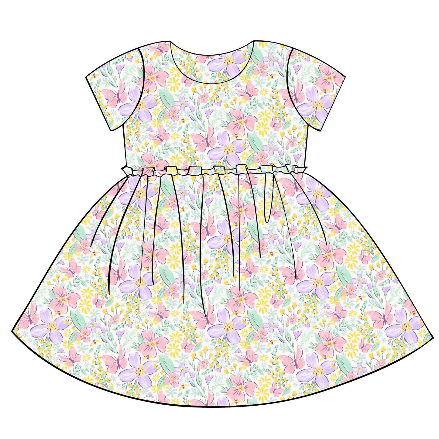 ( Moq 5 ) Preorder Baby Girls Kids Short Sleeves Flower Ruffle Knee Length Dress