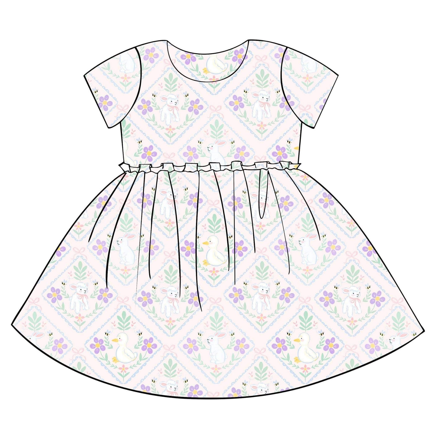 Flowers Baby Girls Kids Short Sleeves Rabbits Flower Easter Knee Length Dress