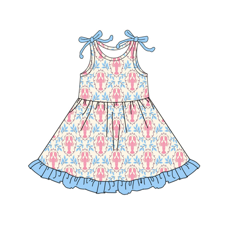 ( Moq 5 ) Preorder Baby Girls Kids Sleeveless Crawfish Bows Ruffle Knee Length Dress