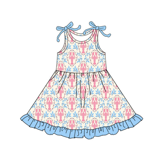 ( Moq 5 ) Preorder Baby Girls Kids Sleeveless Crawfish Bows Ruffle Knee Length Dress