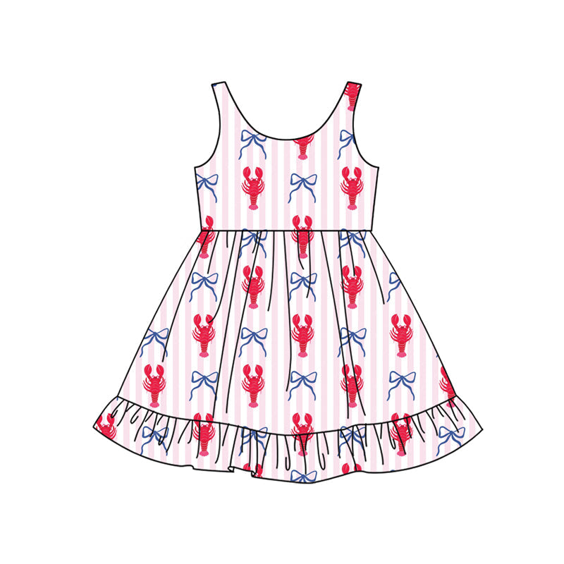 ( Moq 5 ) Preorder Baby Girls Kids Sleeveless Crawfish Bows Stripes Ruffle Knee Length Dress