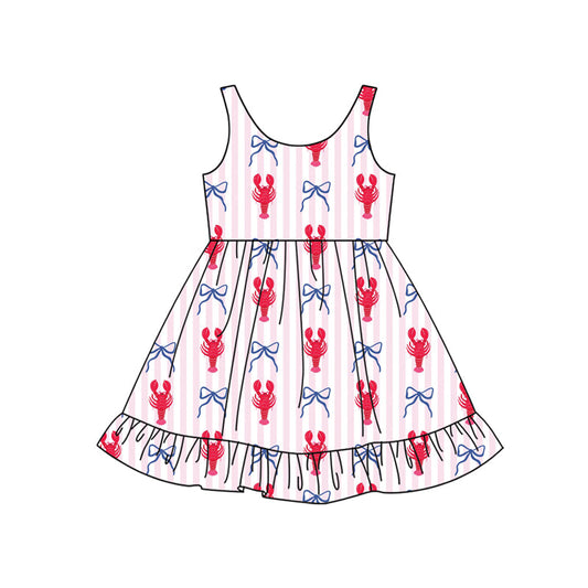 ( Moq 5 ) Preorder Baby Girls Kids Sleeveless Crawfish Bows Stripes Ruffle Knee Length Dress