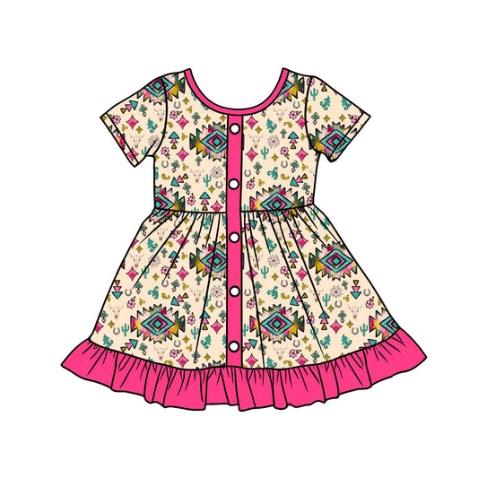 ( Moq 5 ) Preorder Baby Girls Short Sleeves Western Aztec Floral Buttons Ruffle Knee Length Dress