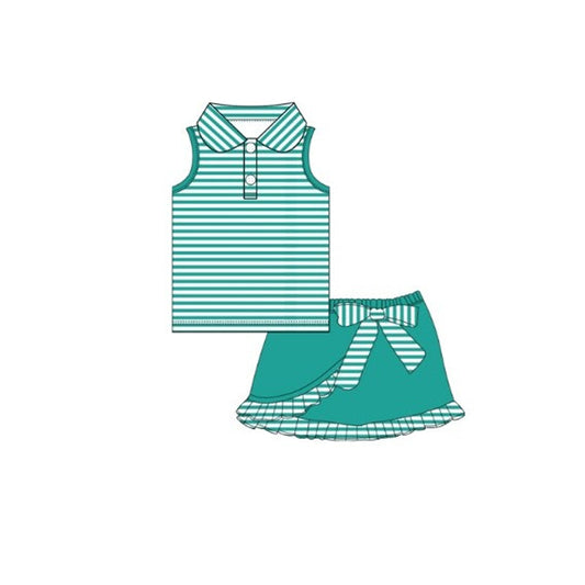 ( Moq 5 ) Preorder Baby Girls Green Stripes Buttons Tops Ruffle Bow Skirt Shorts Clothes Set