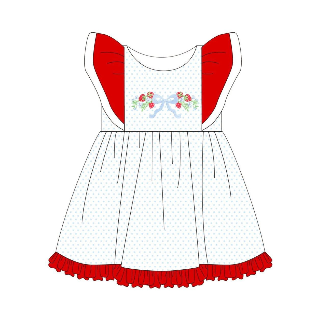 ( Moq 5 ) Preorder Baby Girls Short Sleeves Strawberry Bows Dots Knee Length Dress