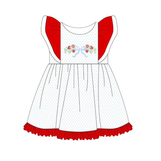 ( Moq 5 ) Preorder Baby Girls Short Sleeves Strawberry Bows Dots Knee Length Dress