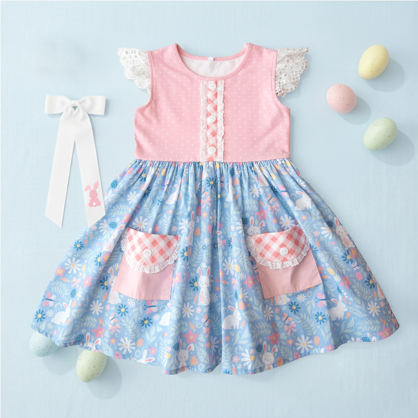 ( Moq 5 ) Preorder Baby Girls Kids Short Sleeves Rabbits Flower Bows Easter Pockets Dress