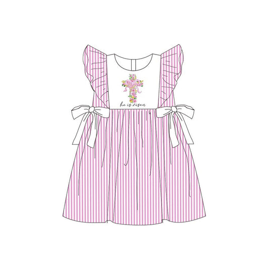 ( Moq 5 ) Preorder Baby Girls Flower Cross Easter Pink Stripes Bows Knee Length Dress