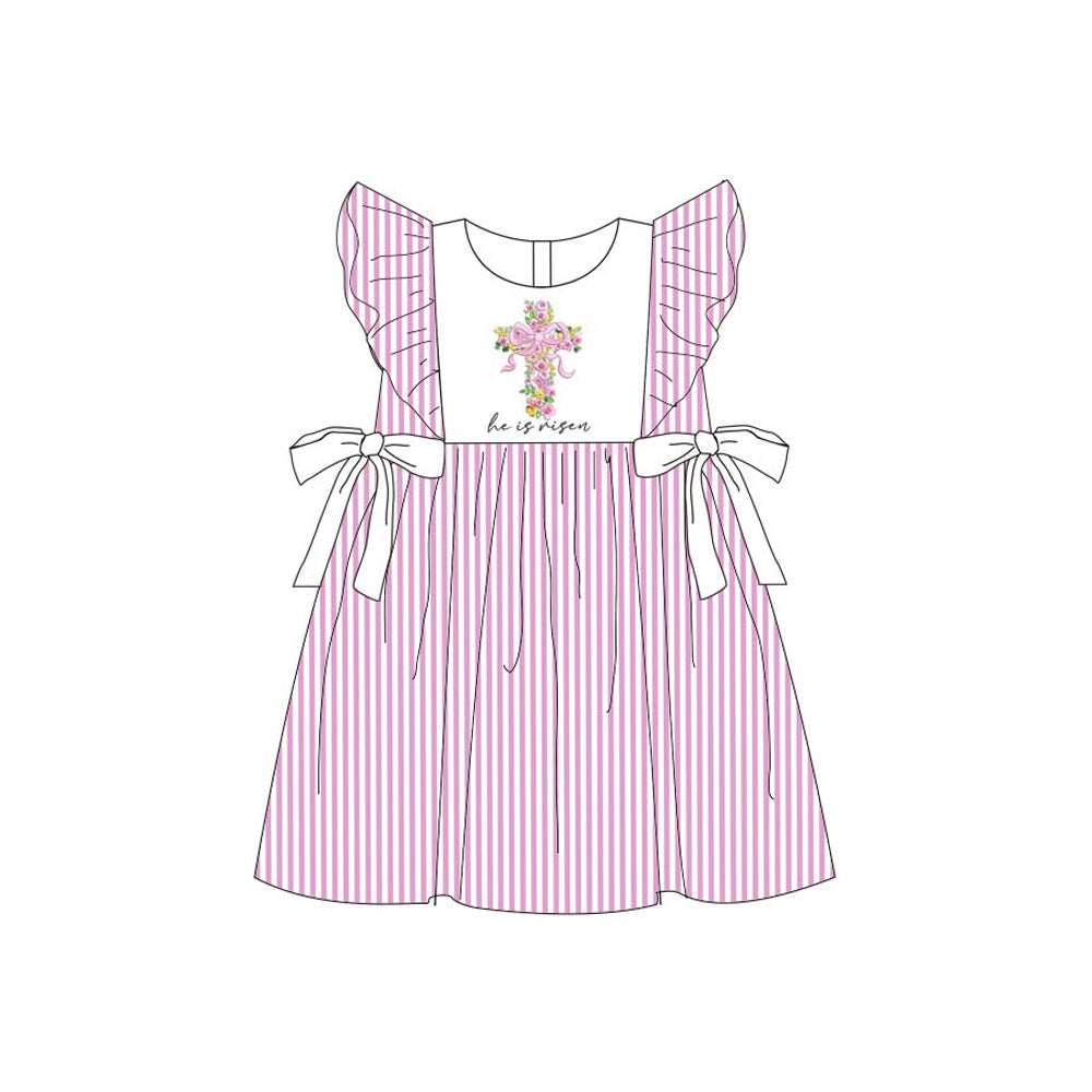 ( Moq 5 ) Preorder Baby Girls Flower Cross Easter Pink Stripes Bows Knee Length Dress