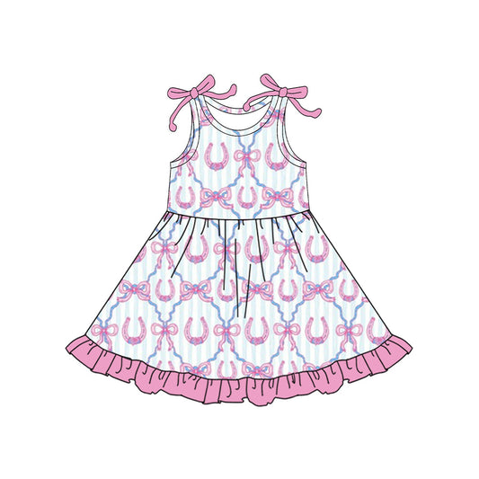 ( Moq 5 ) Preorder Baby Girls Kids Sleeveless Bows Western Ruffle Knee Length Dress