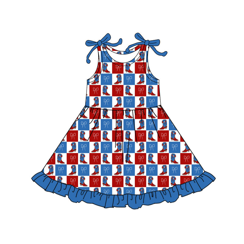 ( Moq 5 ) Preorder Baby Girls Short Sleeves Bows Boots 4th of July Ruffle Knee Length Dress