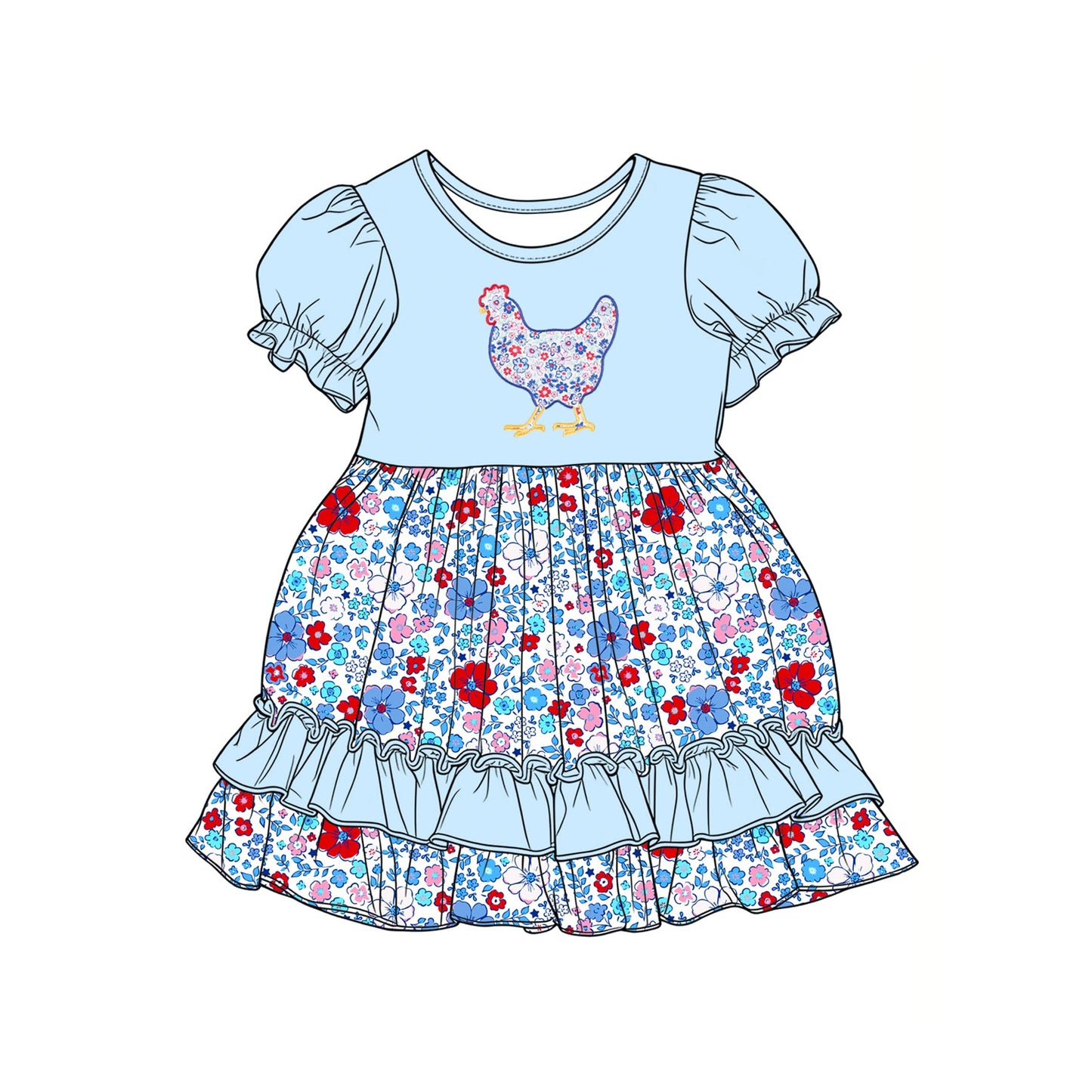 ( Moq 5 ) Preorder Baby Girls Blue Short Sleeves Chicken Floral Ruffle Knee Length Dress