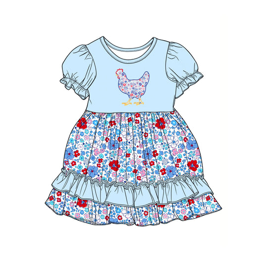 ( Moq 5 ) Preorder Baby Girls Blue Short Sleeves Chicken Floral Ruffle Knee Length Dress