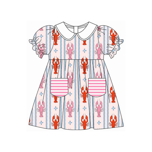 ( Moq 5 ) Preorder Baby Girls Short Sleeves Crawfish Stripes Pockets Knee Length Dress