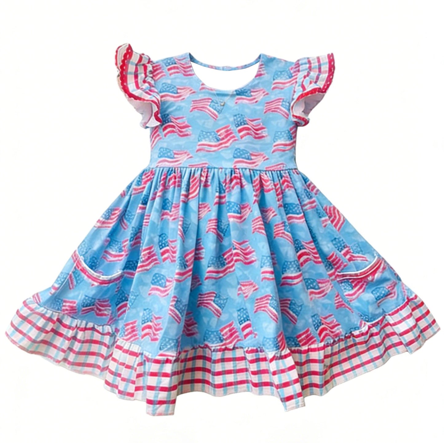 ( Moq 5 ) Preorder Baby Girls Short Sleeves Flags 4th of July Ruffle Knee Length Dress