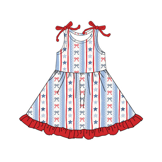 ( Moq 5 ) Preorder Baby Girls Sleeveless Bows Stars 4th of July Ruffle Knee Length Dress