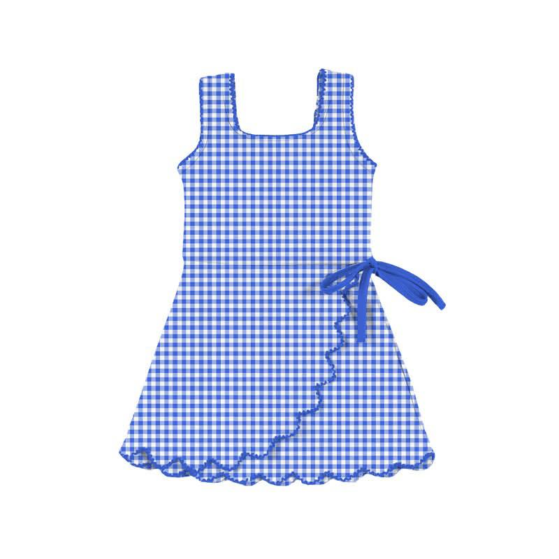 ( Moq 5 ) Preorder Baby Girls Blue Checked Bow Ruffle Yoga Active Shorts Knee Length Dress