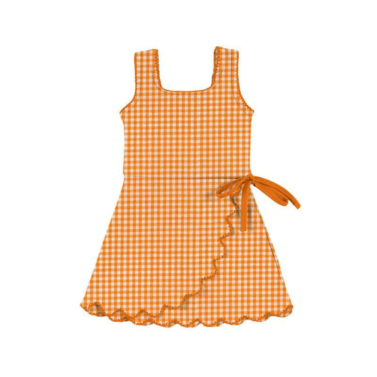 ( Moq 5 ) Preorder Baby Girls Orange Plaid Bow Ruffle Yoga Active Shorts Knee Length Dress