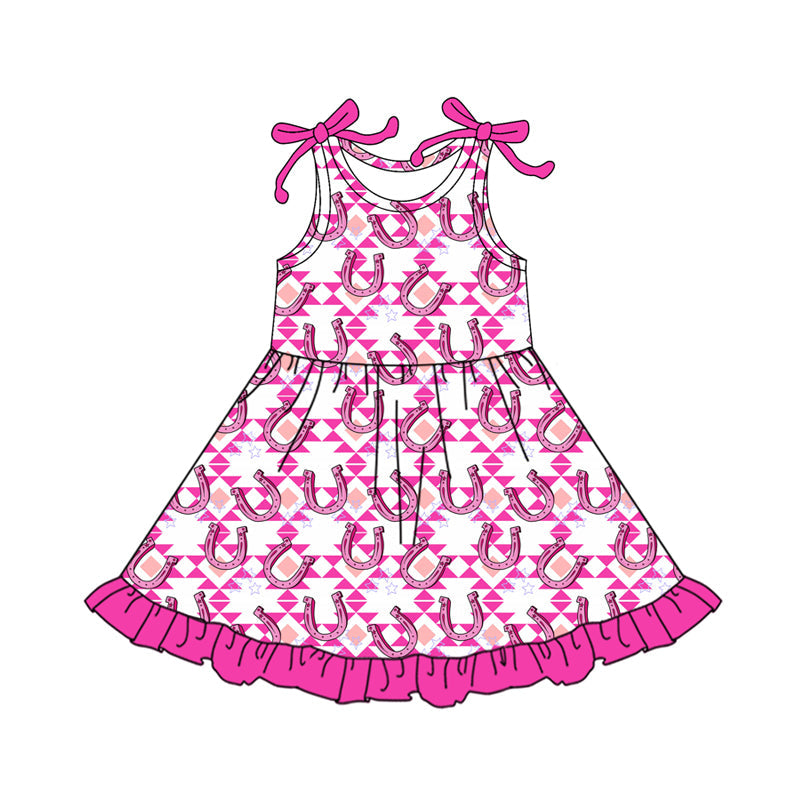 ( Moq 5 ) Preorder Baby Girls Bows Sleeveless Aztec Western Ruffle Knee Length Dress