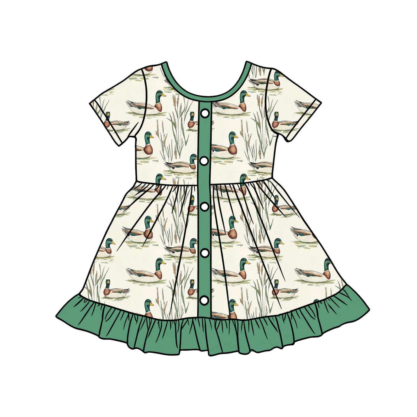 ( Moq 5 ) Preorder Baby Girls Short Sleeves Ducks Buttons Green Ruffle Knee Length Dress