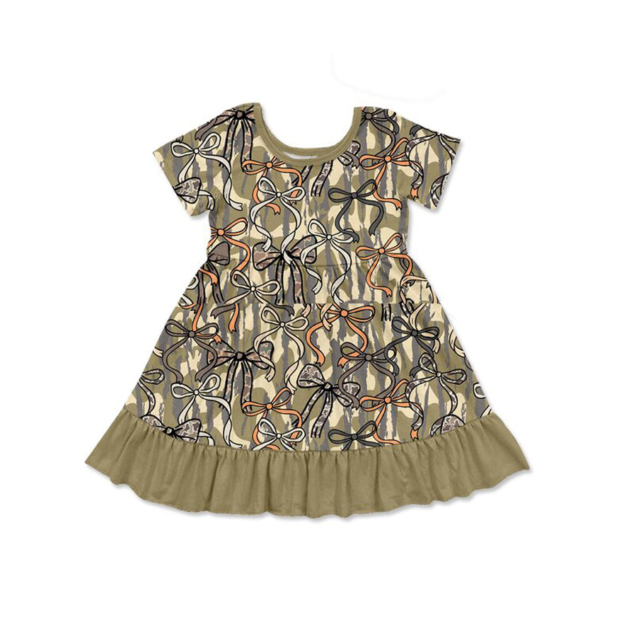 ( Moq 5 ) Preorder Baby Girls Short Sleeves Camo Bows Green Ruffle Knee Length Dress