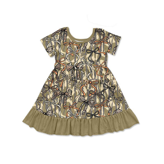 ( Moq 5 ) Preorder Baby Girls Short Sleeves Camo Bows Green Ruffle Knee Length Dress