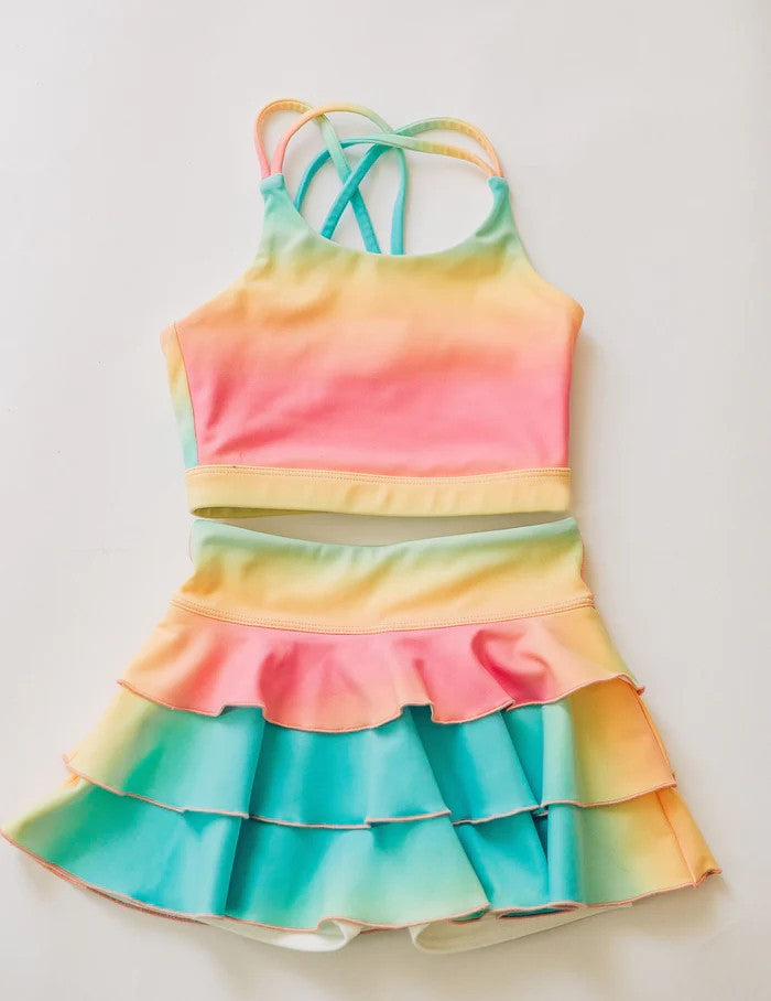 ( Moq 5 ) Preorder Baby Girls Kids Straps Colorful Tops Ruffle Skirt Shorts Yoga Clothes Set