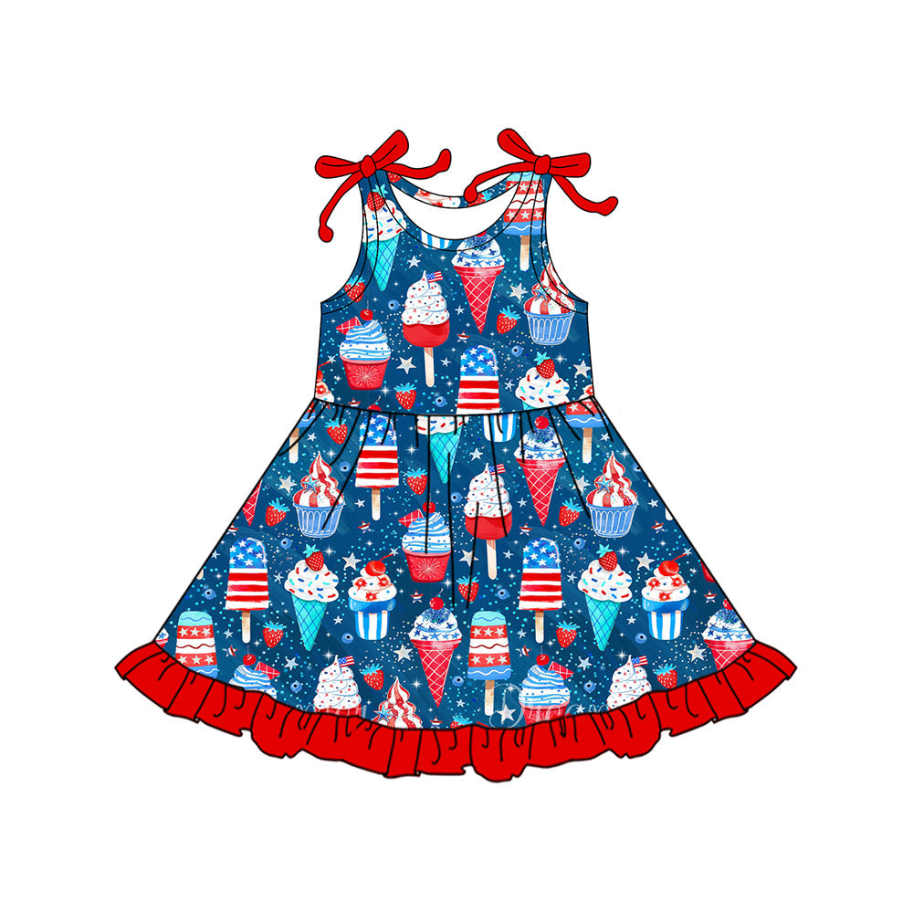 ( Moq 5 ) Preorder Baby Girls Sleeveless Popsicles 4th of July Ruffle Knee Length Dress