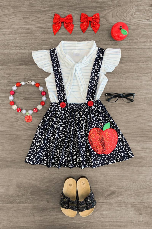 ( Moq 5 ) Preorder Baby Girls Short Sleeves Stripes Tops Apple Suspenders Skirt Back to School Clothes Set