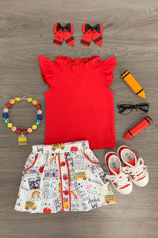 ( Moq 5 ) Preorder Baby Girls Red Shirt Pockets Pencil Bus Shorts Skirt Back to School Clothes Set