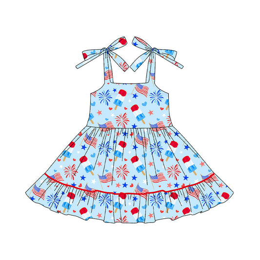 ( Moq 5 ) Preorder Baby Girls Straps Popsicles Flags 4th of July Ruffle Blue Knee Length Dress