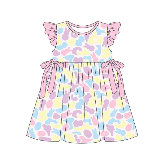 ( Moq 5 ) Preorder Baby Girls Kids Short Sleeves Rabbits Camo Bows Easter Knee Length Dress